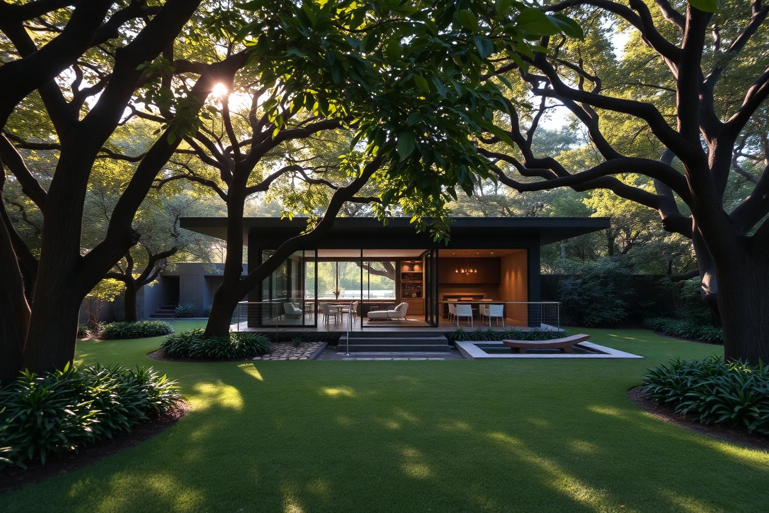Pavilhão de vidro cercado por jardim maduro