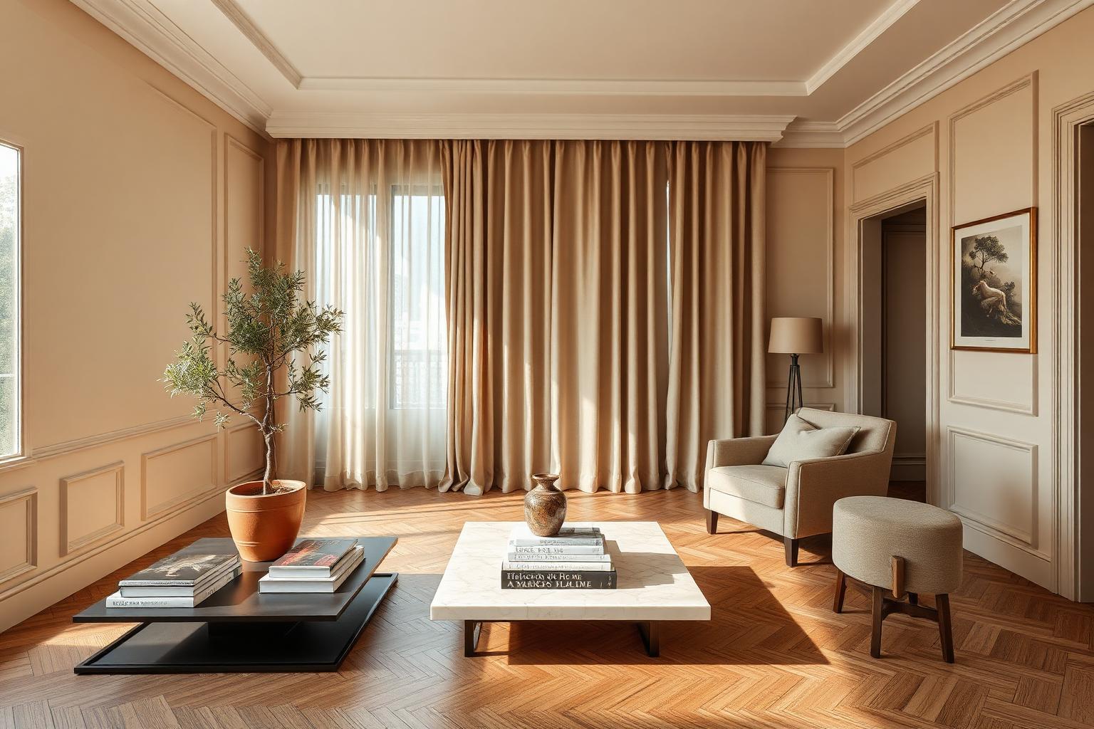Living com boiseries e piso de carvalho
